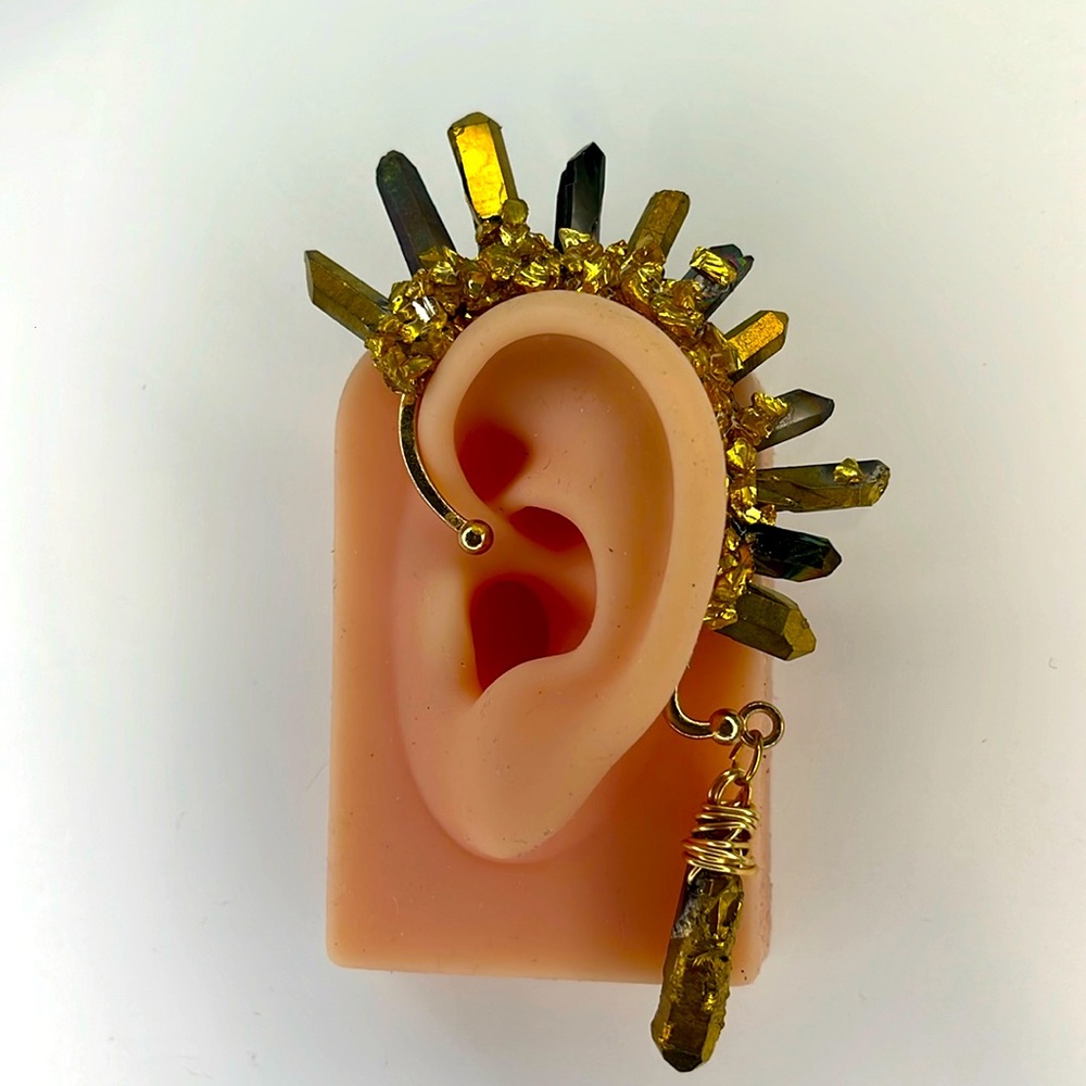 Black tourmaline pyrite crystal ear cuff pierce free earring, gold accents